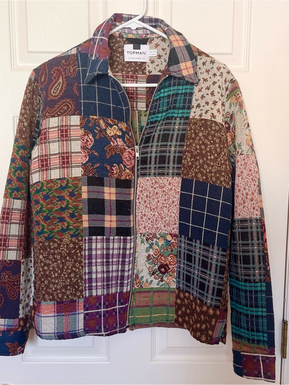 Topman Multi-Pattern Patchwork Zip Jacket - Blue, Green, Brown, Cream